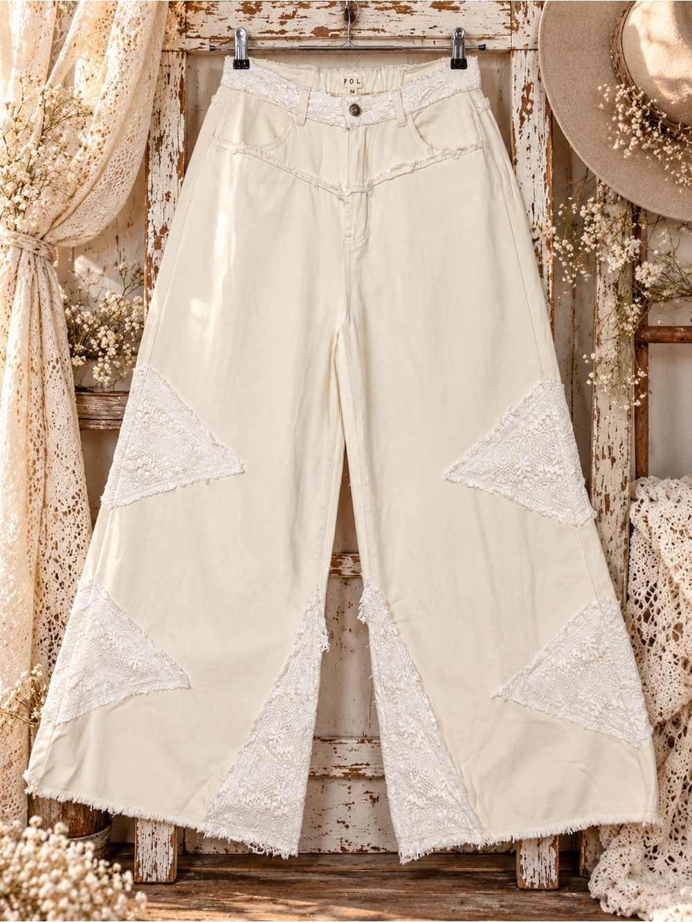 🤍 POL Lace Inset Wide Leg Pants Ivory Boho Raw Hem Medium NWOT